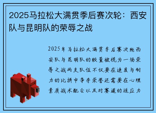 2025马拉松大满贯季后赛次轮：西安队与昆明队的荣辱之战